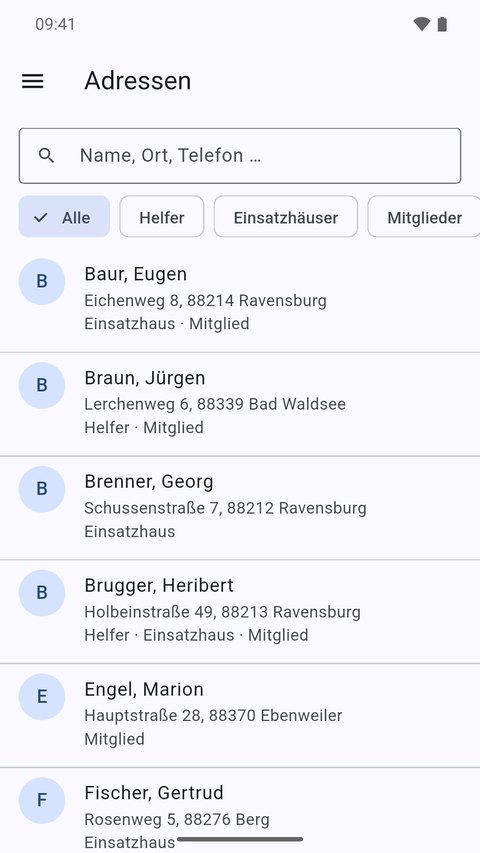 Adressliste mit Suchfeld und Filtern für Helfer, Einsatzhäuser und Mitglieder
