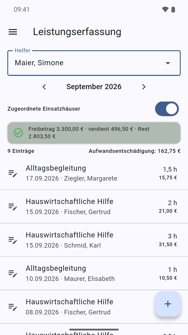 Leistungserfassung in der Nachbarschaftshilfe-App auf einem Smartphone